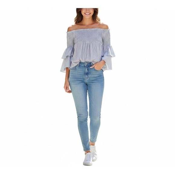 AFTER MARKET Tops - After Market Women's White Striped Bell Sleeve Off Shoulder Smocked Top Size S